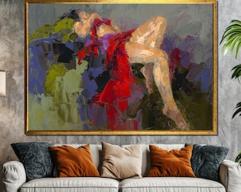 Abstrakt kanvasmålning av liggande kvinna i rött tyg, modern expressionistisk figurativ väggkonst, present till modern heminredning