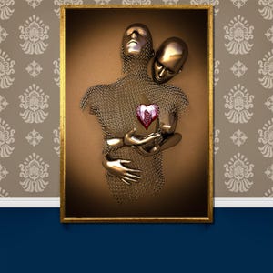 Abstract Bronze Embrace Canvas Painting with Heart Symbol, Modern Love Sculpture Inspired Art Gift,Romantic Figurative Wall Decor for Lovers