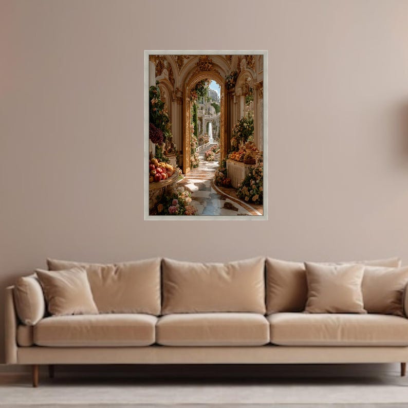Verzierte Gartentorbogen-Leinwand, luxuriöse Blumenkorridor-Wandkunst, eleganter barocker Innendruck, klassische Gartenweg-Leinwand, fertig zum Aufhängen Silver Frame