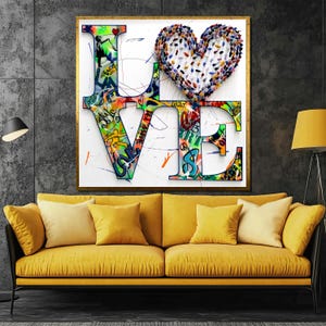 Colorful Love Graffiti Canvas Painting with Textured Heart - Contemporary Pop Art Wall Decor, Unique Gift for Urban Art Lovers