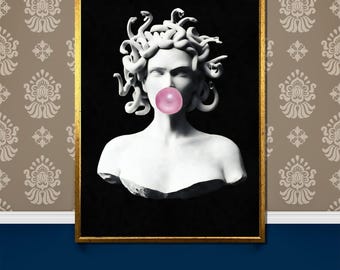 Pintura en lienzo de Medusa Bubblegum: arte pop mitológico único, decoración de pared surrealista moderna, regalo artístico audaz para amantes del diseño de interiores.