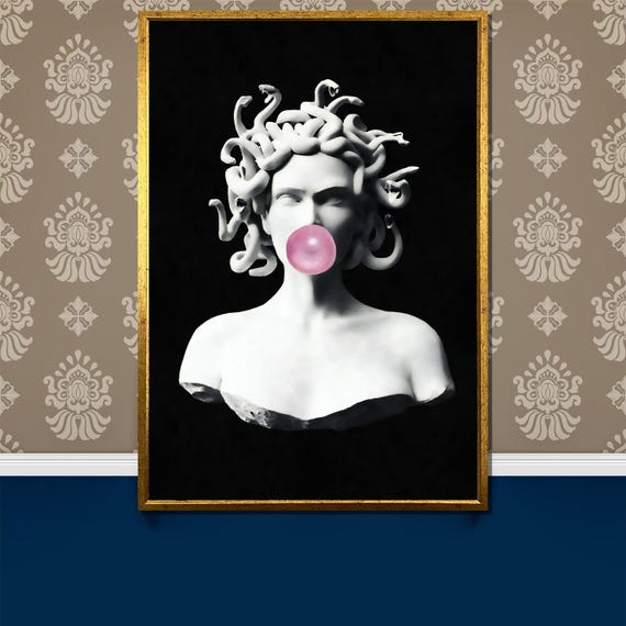 Medusa Bubblegum Canvas Painting - Unique Mythological Pop Art, Modern Surreal Wall Decor, Bold Art Gift for Home Design Lovers