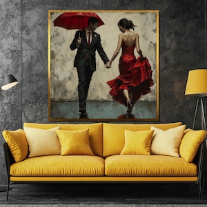 Romantic Rainy Stroll Canvas Painting - Elegant Couple with Red Umbrella Wall Art, Perfect Gift for Lovers and Modern Home Decor