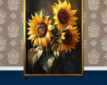 Sunflower Trio Canvas Painting Gift, Elegant Yellow Floral Art, Sunflower Canvas Painting for Cheerful Wall Decor or Nature-Inspired Gift