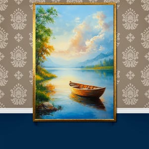 Peaceful Lake Canvas Painting: Rowboat on Calm Water at Sunrise, Serene Landscape Artwork Ideal as Nature-Inspired Gift for Wall Decor