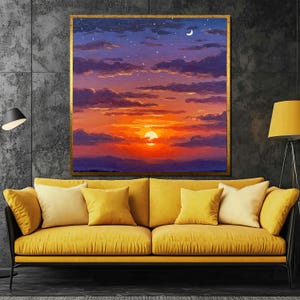Sunset and Moonlight Sky Canvas Painting, Vibrant Twilight Landscape Wall Art, Romantic Gift for Home Decor