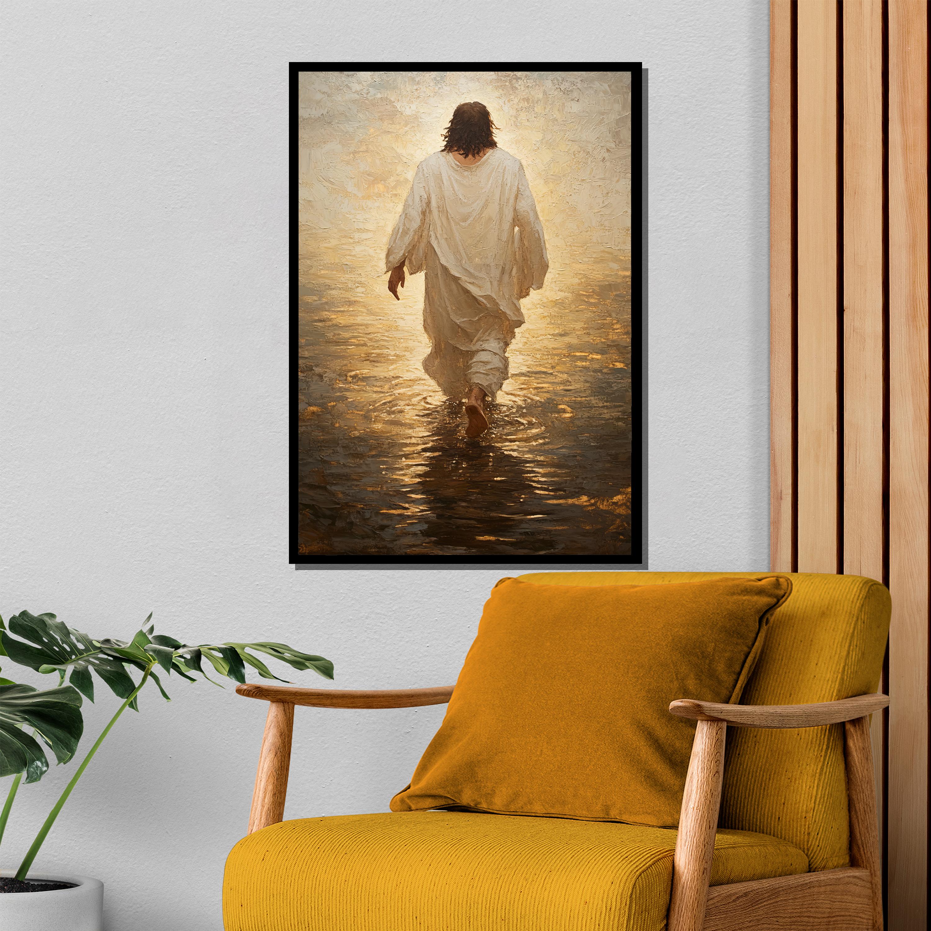 静謐な聖母マリアのイコン：複雑なビザンチン様式のモザイク画の前で手