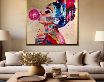 Colorful Pop Art Woman Canvas Painting - Graffiti-Inspired Modern Wall Art for Vibrant Home Decor and Unique Gift Ideas