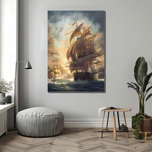 May include: A painting of a large sailing ship with billowing sails, navigating through a stormy sea. The ship is in the foreground, with a smaller ship in the distance. The sky is a dramatic mix of dark clouds and bright sunlight.