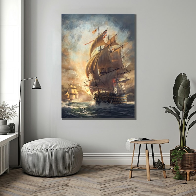 May include: A painting of a large sailing ship with billowing sails, navigating through a stormy sea. The ship is in the foreground, with a smaller ship in the distance. The sky is a dramatic mix of dark clouds and bright sunlight.