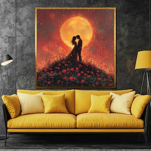 Romantic Sunset Canvas Painting, Silhouetted Couple Under Moonlight, Passionate Love Wall Art, Anniversary Gift, Dreamy Home Decor
