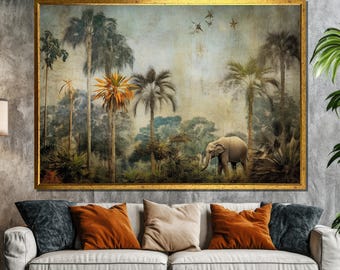 Tropical Jungle Safari Canvas Painting | Exotic Wall Art Gift with Elephant and Palm Trees for Nature Enthusiasts and Wildlife Decor