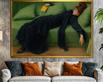 Elegant Woman on Green Sofa Canvas Painting Gift – Vintage Style Lounge Wall Art for Book Lovers, Feminine Classic Interior Décor