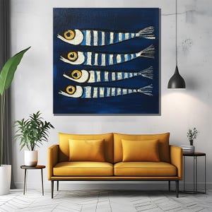 May include: A painting of four blue and white striped fish with yellow eyes on a dark blue background.