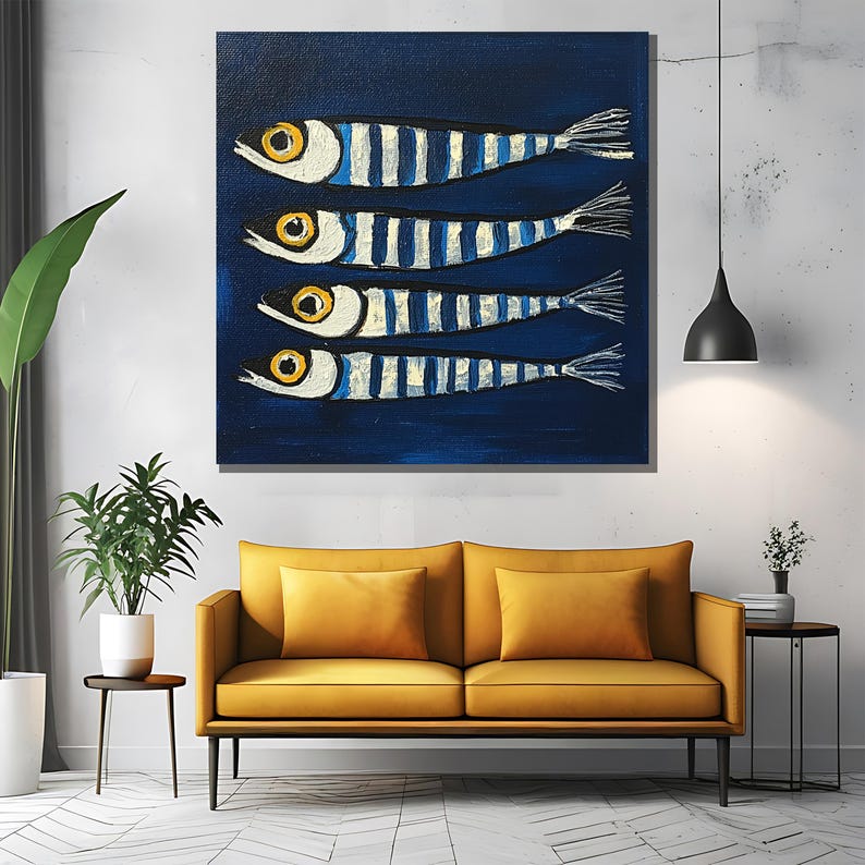 May include: A painting of four blue and white striped fish with yellow eyes on a dark blue background.