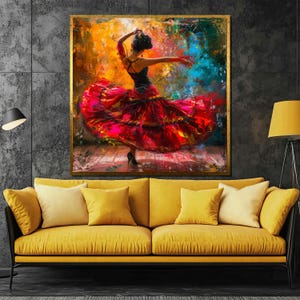 Flamenco Dancer Canvas Painting - Vibrant Red Dress in Motion, Spanish Dance Art for Dynamic Wall Decor and Unique Gift