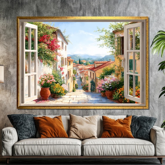 地中海の村の窓の景色の絵画 - 花と家のあるイタリアの街並みの風景