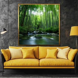 Pintura en lienzo de un tranquilo bosque de bambú, arte mural de naturaleza serena, póster de cascada de jardín zen, impresión de paisaje verde relajante, jungla japonesa