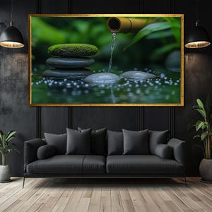 Zen Garden Canvas Painting, Tranquil Bamboo Water Fountain Wall Art, Serene Nature Poster, Spa Meditation Decor, Relaxing Zen Stones Print