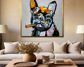 カラフルなフレンチブルドッグのキャンバス絵画 - 犬好きの方への