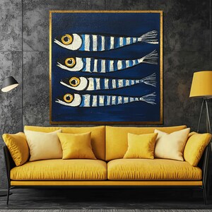 May include: A painting of four blue and white striped fish on a dark blue background. The fish are arranged in a vertical line, with the largest fish at the top and the smallest fish at the bottom.