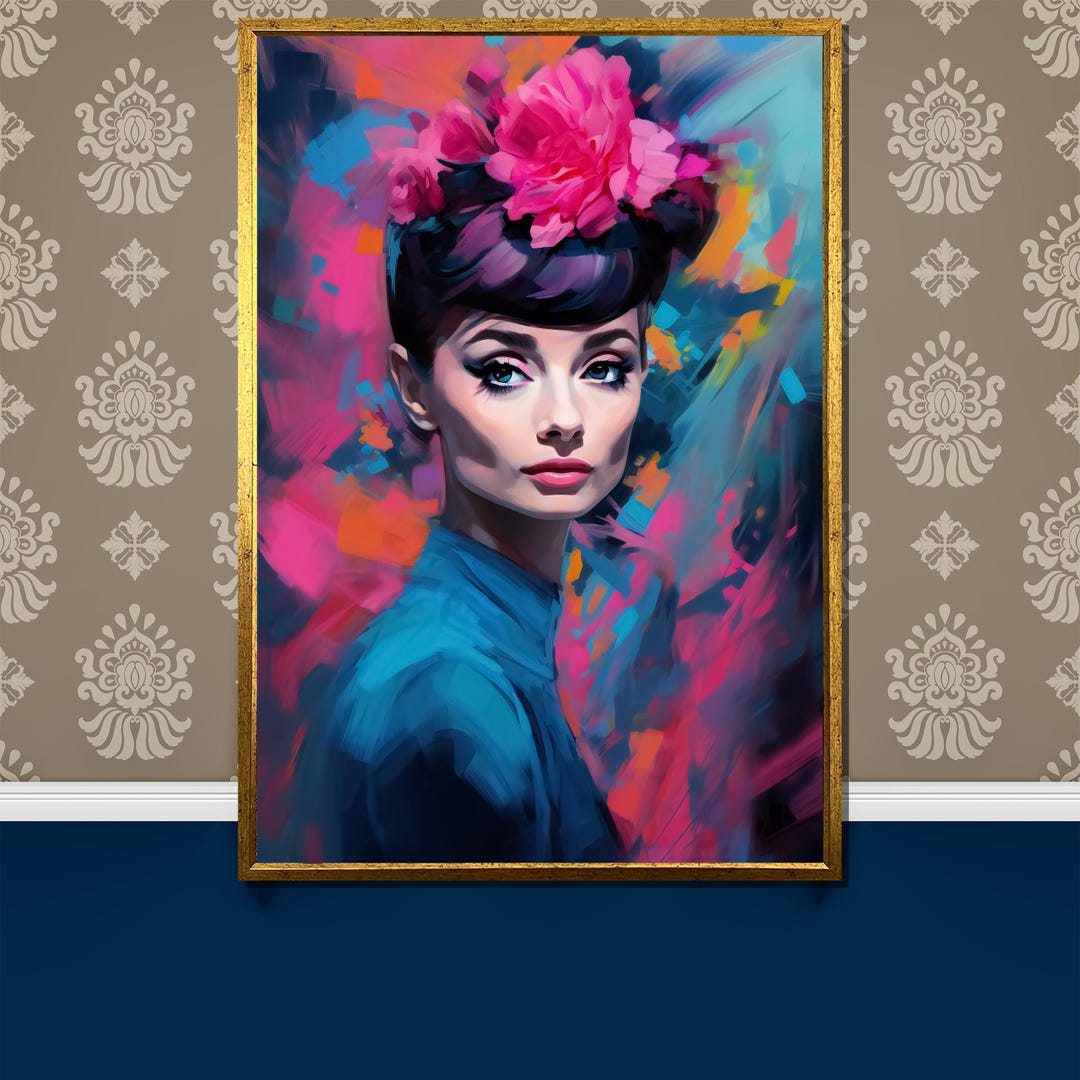 オードリー・ヘプバーンの鮮やかなポップアート風キャンバス絵画