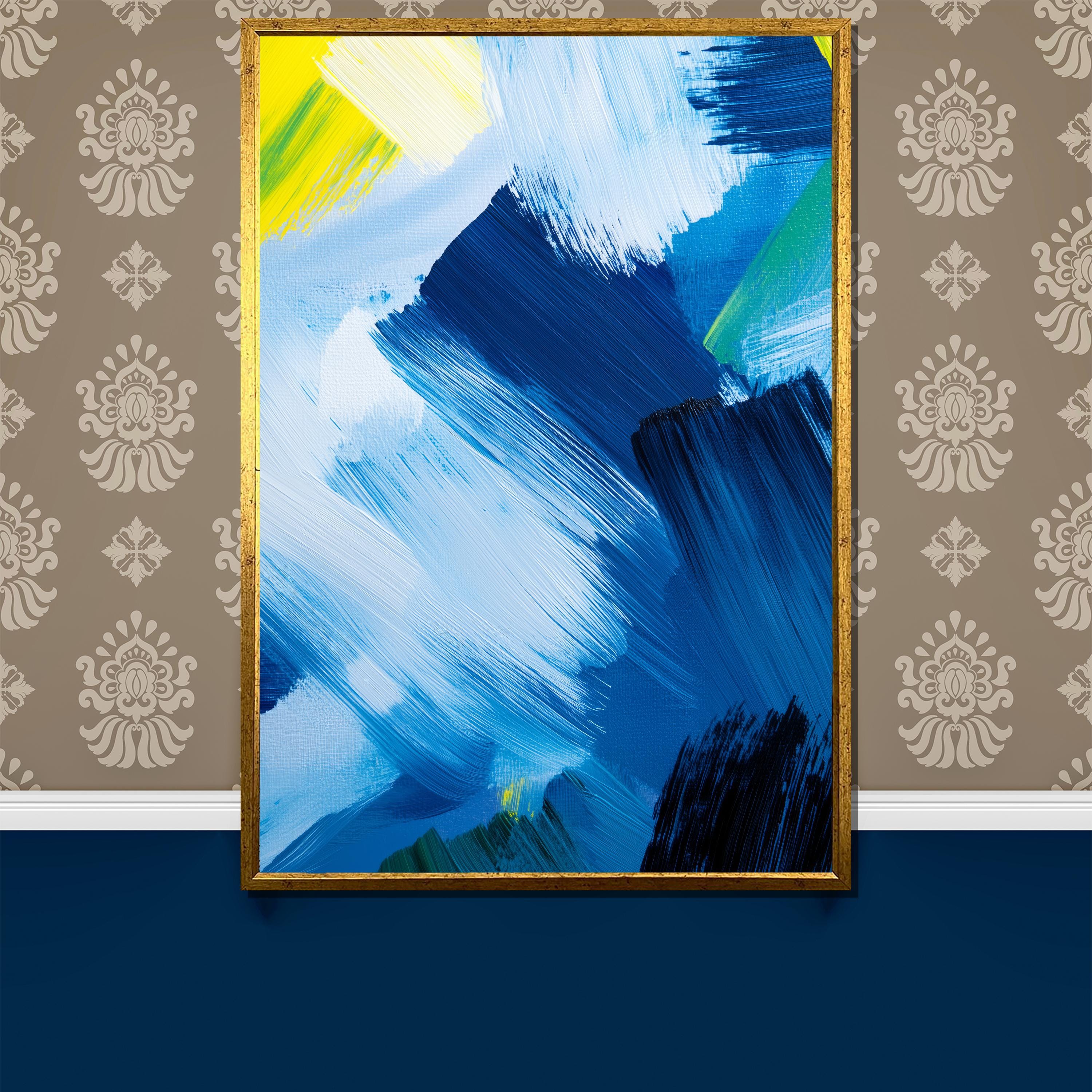 モダンなブルーの抽象キャンバス絵画、リビングルームやオフィス用の