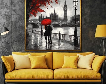 Canvastavla Romantiskt par i London med rött paraply – Big Ben, Westminster Bridge och kärleksscen i regnig kväll