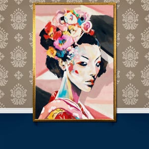 Pintura em tela de gueixa moderna, presente de arte com retrato floral japonês, decoração de parede em estilo pop art contemporâneo, toque vibrante para casa