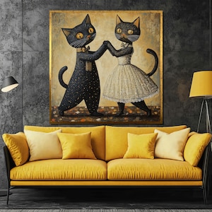 Dancing Cats Canvas Painting - Whimsical Cat Couple in Vintage Attire Wall Art, Playful Home Decor, Animal Lovers Gift, Charming Cat Art