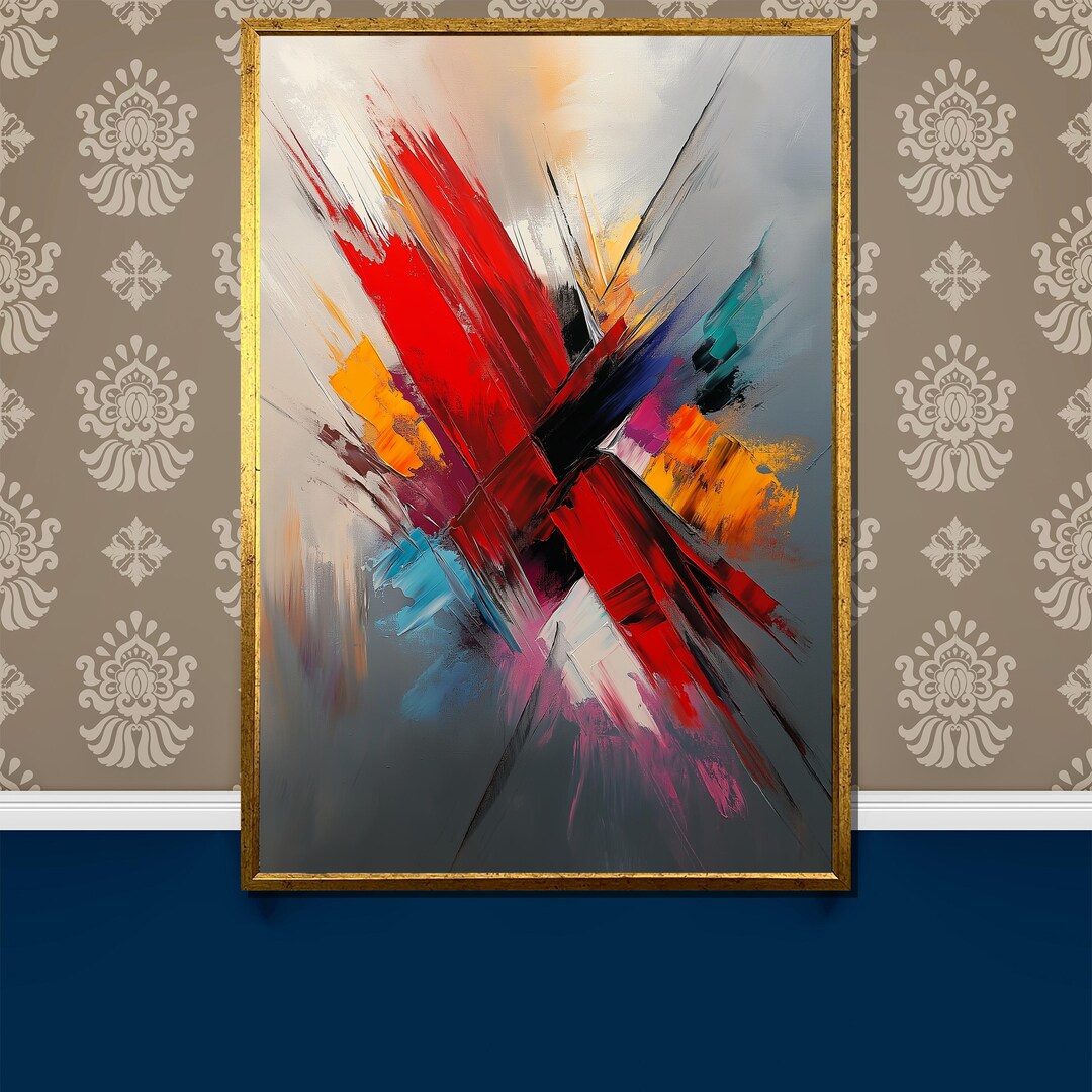 Bold Red Abstract Canvas Painting, Modern Brush Stroke Wall Art on Gray ...