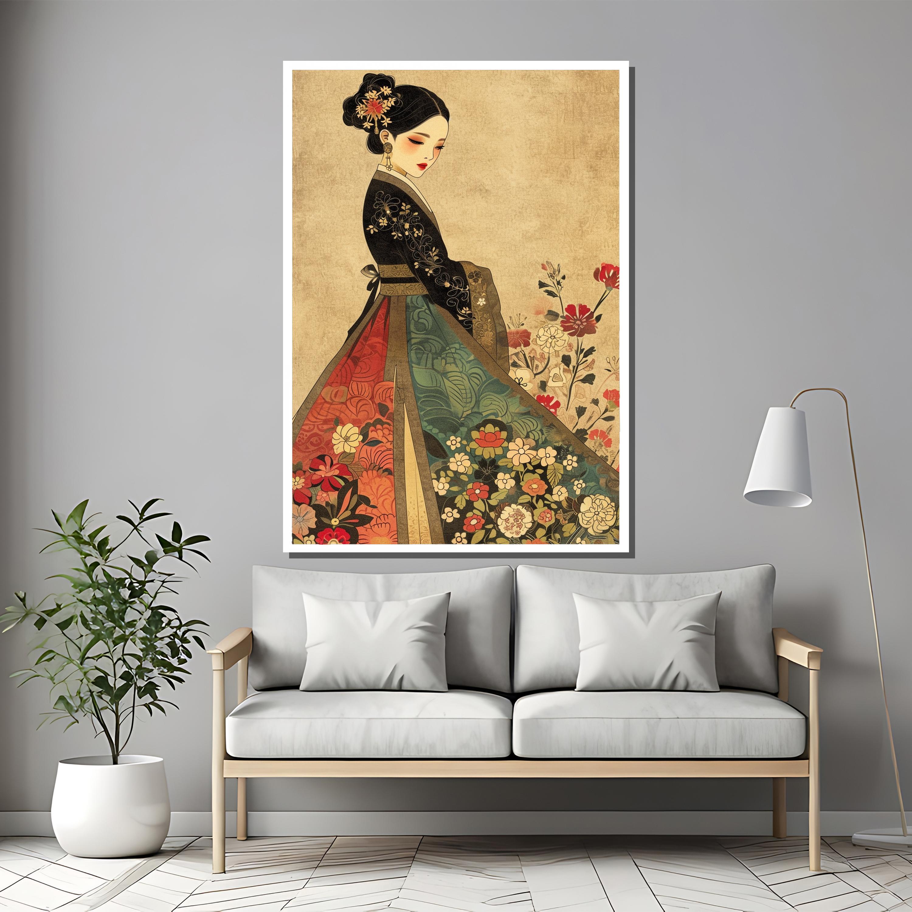 キャンバスプリントoriental girl 絵画 額付き インテリア Traditional Asian Woman Canvas Painting Gift, Elegant Vintage