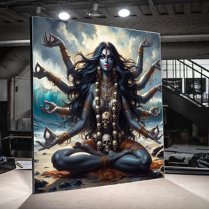 Op de afbeelding: Een grote canvas print met een afbeelding van de hindoe-godin Kali. Het kunstwerk toont Kali met meerdere armen, zittend in een meditatieve houding, versierd met schedels, en tegen een achtergrond van oceaangolven en een bewolkte lucht.
