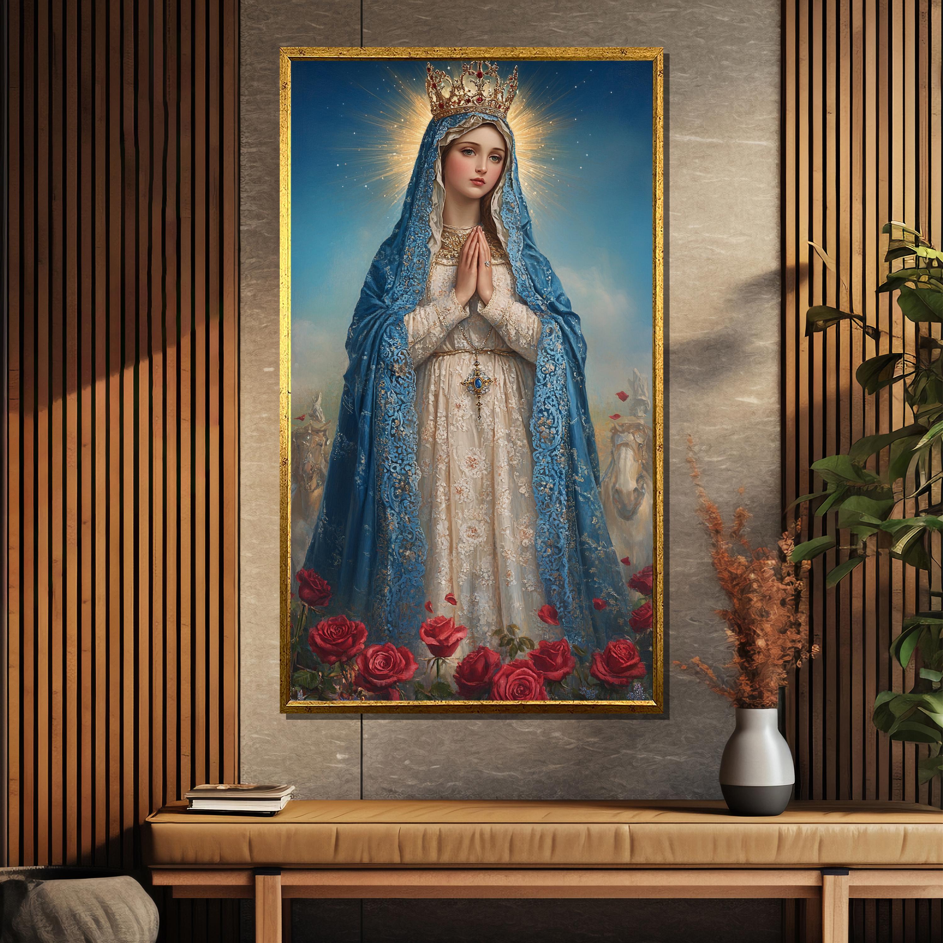 Regal Virgin Mary Crowned in Gold With Glowing Halo, Clad in Blue Lace ...