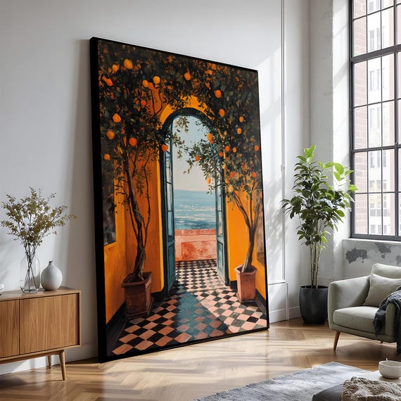 Mediterranean Orange Tree Archway Wall Art, Italian Coastal Doorway View, Amalfi Coast Style Seascape Print, Summer Terrace Decor