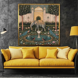 Mughal Style Elephant and Peacock Canvas Painting – Traditional Indian Art, Exotic Palace Garden Scene, Cultural Gift