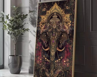 Verzierte Elefant Mandala Leinwand, komplizierte indische Kunst Wanddekor, spiritueller Elefantenkopf Design, Boho Dekoration, fertig zum Aufhängen