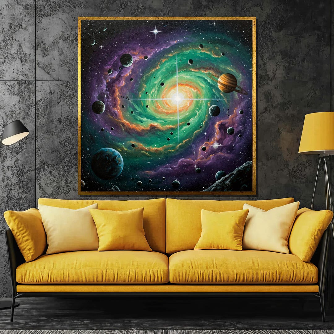 Colorful Galaxy Canvas Painting With Planets and Spiral Nebula, Cosmic ...