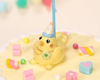 Poussin jaune joufflu en céramique pour gâteau chapeau de fête bougeoir Kawaii mignon anniversaire décor fait main poterie oiseau Figurine souvenir cadeau
