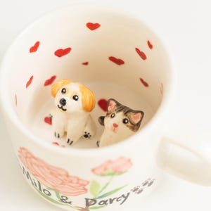 Personalized Pet Mug Custom Rose Floral Cat Coffee Mug Handmade Kitty Dog Ceramic Mug Gift for Pet Lover Red Heart Lovely Cut Pottery Mug