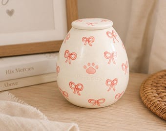 Niestandardowe różowe kokardki, urny dla zwierząt, ręcznie malowane ceramiczne słoiki na pamiątki dla psów i kotów, wstążki z nadrukiem łap, spersonalizowany upominek pamiątkowy