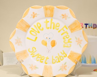 Assiette de pétoncles pour premier anniversaire ballon orange personnalisée assiette souvenir doux peinte à la main personnalisée fête décorative décoration d'intérieur en céramique mignonne