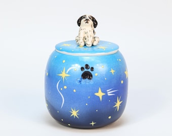 Pot commémoratif personnalisé galaxie bleu ciel étoilé urne pour animaux de compagnie avec empreinte de patte 3D sculpture de chien nom personnalisé boîte de crémation en céramique thème ciel