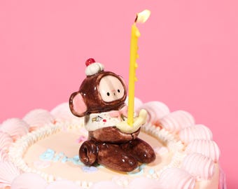 Kawaii en céramique singe pour gâteau, brun, fait main, bougeoir, poterie mignonne, animal, décoration d'anniversaire, fantaisiste, baby shower, cadeaux uniques pour enfants
