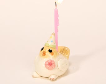 Oiseau calopsitte potelé en céramique pour gâteau, chapeau de fête, bougeoir Kawaii, décoration d'anniversaire mignonne, poterie faite main, Figurine souvenir, oiseau