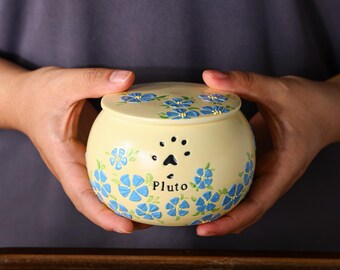 Forget me not pet urn Custom Blue flower dog urn Personalized Creamy Ceramic Urn Handmade Memorial Unique Pottery Urn Handpainted Cat Jar