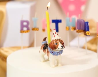 Décoration pour gâteau en céramique Beagle, chapeau de fête, chiot, marron et blanc, col bleu, bougeoir, figurine d'anniversaire, cadeau mignon pour amoureux des chiens, poterie faite à la main