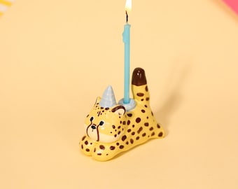 Décoration de gâteau léopard en céramique faite à la main guépard Figurine bougeoir décoration de fête d'anniversaire lunatique collection tacheté décor d'animal