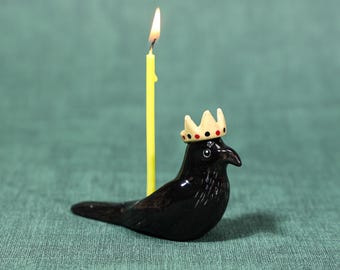 Fantastique couronne de corbeau noir corbeau gothique en céramique fait main anniversaire bougeoir sorcière mignon oiseau Figurine Cottagecore sombre