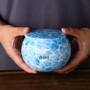 Könnte beinhalten: Ein kleiner, runder, blau-weißer Keramiktopf mit Deckel. Der Topf hat ein marmoriertes Muster und das Wort "Mini" ist auf der Vorderseite aufgedruckt. Der Topf wird in zwei Händen gehalten.